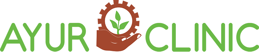 Ayur Clinic logo with green text and a leaf inside a brown circle